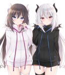  2girls bangs black_hair black_jacket black_legwear blue_eyes closed_mouth commentary_request curled_horns demon_horns drawstring eyebrows_visible_through_hair hair_between_eyes hand_up hood hood_down hooded_jacket horns jacket kamu_(geeenius) long_hair long_sleeves looking_at_viewer multiple_girls original puffy_long_sleeves puffy_sleeves red_eyes silver_hair simple_background single_thighhigh sleeves_past_wrists smile standing thigh-highs thigh_gap very_long_hair white_background white_jacket white_legwear 