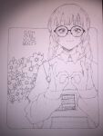  1girl braid collared_shirt english_text flower glasses greyscale hands_up kitamurashu long_sleeves looking_at_viewer monochrome original shirt smile solo traditional_media twin_braids upper_body 