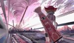  1girl back bike_shorts cannon clouds cloudy_sky commentary_request e_volution ground_vehicle kouzuki_anna multicolored_hair orange_hair outdoors pink_hair railroad_tracks sky solo sunset tornado train turret two-tone_hair weapon yu-gi-oh! yu-gi-oh!_zexal 