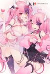  2girls alternate_costume breasts choker demon_girl hair_ornament heart heart_hair_ornament heart_hands horns ironmouse large_breasts medium_breasts multicolored_hair multiple_girls nanoless pink_hair red_eyes skirts streaked_hair thigh-highs thigh_strap vshojo white_horns wing_hair_ornament 