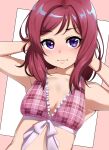  1girl bikini blush bow breasts closed_mouth dot_nose embarrassed front-tie_bikini front-tie_top hands_in_hair hands_up highres igarashi_kyouhei looking_at_viewer love_live! love_live!_school_idol_project nishikino_maki pink_bikini redhead small_breasts solo swimsuit upper_body violet_eyes white_bow 