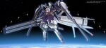  1girl advance_of_zeta alice_gear_aegis an-chang bangs blue_skirt character_request cloak commission expressionless flat_chest floating grey_hair gundam halo haze&#039;n-thley_ii highres looking_at_viewer mecha_musume science_fiction skeb_commission skirt solo space thrusters violet_eyes 