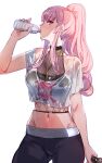 1girl bangs black_pants bottle bow_(bhp) drinking eyebrows_visible_through_hair holding holding_bottle holding_microphone hololive hololive_english jewelry long_hair looking_at_viewer microphone mori_calliope navel necklace pants pink_hair ponytail red_eyes simple_background skull_and_crossbones solo sweat virtual_youtuber water_bottle wet wet_clothes white_background 