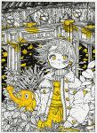  1girl building english_text highres holding jacket kitamurashu leaf long_sleeves looking_at_viewer monochrome original plant solo spot_color upper_body watering_can white_jacket wind yellow_eyes yellow_nails 