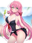  1girl absurdres akashi_(kancolle) black_swimsuit blunt_tresses breasts contrapposto cowboy_shot food green_eyes hair_ribbon highleg highleg_swimsuit highres ichi-jirushi kantai_collection large_breasts long_hair looking_at_viewer pink_hair pleated_skirt popsicle ribbon skirt skirt_lift solo swimsuit tress_ribbon 