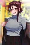  1girl :d black_skirt blurry blurry_background breasts brown_coat coat commentary_request cowboy_shot depth_of_field earrings folded_ponytail grey_sweater hair_between_eyes highres igarashi_kyouhei jewelry large_breasts looking_at_viewer love_live! love_live!_sunshine!! open_clothes open_coat open_mouth plaid plaid_skirt red_eyes redhead ribbed_sweater round_teeth sakurauchi_riko skirt smile solo sweater teeth undressing upper_teeth 