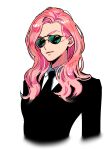  1girl black_jacket black_neckwear collared_shirt copyright_request highres jacket long_hair necktie okada_(hoooojicha) pink_hair shirt simple_background solo sunglasses upper_body white_background white_shirt 