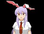  1girl animal_ears black_background eyebrows_visible_through_hair koyama_shigeru long_hair looking_at_viewer necktie parted_lips purple_hair rabbit_ears red_eyes red_neckwear reisen_udongein_inaba shaded_face shirt short_sleeves simple_background solo standing touhou upper_body very_long_hair white_shirt 