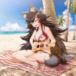  1girl aesice animal_ear_fluff animal_ears bangs beach bikini black_hair breasts clouds eyebrows_visible_through_hair flipped_hair hair_between_eyes hair_ornament hairclip highlights highres hololive indian_style instrument long_hair multicolored_hair ookami_mio open_mouth outdoors palm_tree redhead sand seashell shadow shell side-tie_bikini sidelocks sitting sky smile solo streaked_hair swimsuit tail tree ukulele very_long_hair virtual_youtuber wolf_ears wolf_girl wolf_tail 