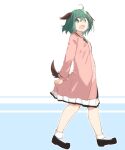 1girl ahoge animal_ears black_footwear blue_background commentary_request dress full_body green_eyes green_hair kasodani_kyouko long_sleeves looking_at_viewer moja_(moja4192) open_mouth pink_dress shoes short_hair skirt_hold socks solo tail touhou white_background white_legwear 