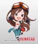  1girl :d black_gloves blue_jumpsuit boots brown_eyes brown_footwear brown_hair character_request chibi collarbone copyright_name full_body gloves goggles goggles_on_head gradient gradient_background grey_background jumpsuit long_hair navel official_art open_mouth outstretched_arms partially_fingerless_gloves ponytail smile solo sunflag tank_top v-shaped_eyebrows very_long_hair white_tank_top yuko_(uc_yuk) 