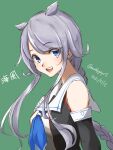  1girl bangs black_gloves blue_eyes blue_neckwear braid character_name collared_shirt dated elbow_gloves eyebrows_visible_through_hair gloves green_background hair_flaps hair_tie highres kantai_collection long_hair looking_at_viewer neckerchief parted_bangs remodel_(kantai_collection) shirt silver_hair single_braid sleeveless sleeveless_shirt solo twitter_username umibudou umikaze_(kancolle) upper_body very_long_hair white_hair 