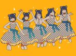 1girl absurdres arms_up bangs black_hair copyright_request covering_mouth dress hands_up highres long_hair looking_at_viewer multiple_views okada_(hoooojicha) polka_dot polka_dot_dress ponytail short_hair signature simple_background sleeveless sleeveless_dress smile white_dress yellow_background 