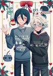  2boys ahoge android bangs black_hair black_hoodie black_pants blue_eyes blush cheer_(cheerkitty14) christmas_ornaments closed_eyes dangan_ronpa_(series) dangan_ronpa_v3:_killing_harmony english_commentary facing_viewer green_sweater grey_hair hand_on_another&#039;s_hip hand_on_another&#039;s_shoulder hat hat_removed headwear_removed heart highres hood hoodie keebo long_sleeves male_focus multiple_boys pants saihara_shuuichi short_hair smile sweater symbol_commentary teeth white_background 