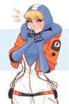  1girl apex_legends bangs blonde_hair blue_bodysuit blue_eyes blue_gloves blue_headwear bodysuit elbow_gloves gloves highres hood hooded_jacket ilwha jacket looking_at_viewer orange_jacket ribbed_bodysuit scar scar_on_cheek scar_on_face smile solo thigh_strap wattson_(apex_legends) white_bodysuit 