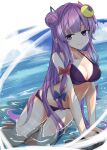 1girl akisome_hatsuka bikini blue_bow bow caustics clouds cloudy_sky commentary_request crescent day double_bun dutch_angle horizon long_hair looking_at_viewer no_hat no_headwear outdoors partially_submerged patchouli_knowledge purple_hair sitting sky smile solo swimsuit touhou v_arms very_long_hair violet_eyes yokozuwari 