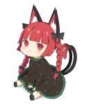  1girl :3 animal_ear_fluff animal_ears bangs blush braid bright_pupils cat_ears cat_tail chibi commentary_request crys_(dai) dress extra_ears eyebrows_visible_through_hair full_body green_dress highres kaenbyou_rin leaning_forward long_hair multiple_tails nekomata pointy_ears red_eyes redhead sitting solo tail touhou twin_braids two_tails wariza white_pupils 