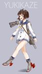  1girl :d binoculars blue_sailor_collar boots brown_hair character_name full_body grey_background high_heel_boots high_heels highres kantai_collection long_sleeves luicent naked_shirt neckerchief open_mouth sailor_collar school_uniform serafuku shirt short_hair simple_background smile solo standing standing_on_one_leg walking white_shirt yellow_neckwear yukikaze_(kancolle) 