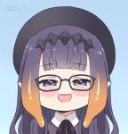  1girl :d bangs beret black-framed_eyewear black_hair black_headwear blunt_bangs blush_stickers chibi commentary english_commentary glasses gradient_hair grey_shirt half-closed_eyes hat headpiece hololive hololive_english kukie-nyan long_hair looking_at_viewer multicolored_hair ninomae_ina&#039;nis open_mouth orange_hair pinstripe_pattern pinstripe_shirt purple_hair shirt sidelocks smile solo striped tentacle_hair twitter_username upper_body 