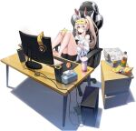  1girl ahoge artist_request ayanami_(azur_lane) azur_lane barefoot chair chips computer drink eyewear_on_head food gaming_chair hair_between_eyes headgear headphones highres indoors keyboard_(computer) long_hair looking_at_viewer manjuu_(azur_lane) mouse_(computer) off_shoulder official_alternate_costume official_art orange_eyes platinum_blonde_hair playing_games ponytail short_shorts shorts sitting transparent_background 