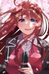  1girl :d ahoge black_jacket blush cherry_blossoms collared_shirt floating_hair go-toubun_no_hanayome hair_ornament highres holding igarashi_kyouhei jacket long_hair looking_at_viewer nakano_itsuki open_clothes open_jacket open_mouth red_vest redhead round_teeth shirt smile solo star_(symbol) star_hair_ornament teeth upper_body upper_teeth vest violet_eyes wing_collar 