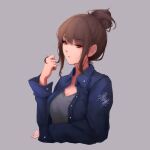  1girl bangs blue_jacket breasts brown_eyes brown_hair collarbone cropped_torso eyebrows_visible_through_hair glasses hair_bun highres jacket large_breasts long_sleeves looking_at_viewer open_clothes open_jacket original shimmer shirt simple_background solo torn_jacket upper_body 