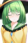  .me 1girl blouse breasts closed_eyes frilled_shirt_collar frills green_hair hat highres komeiji_koishi medium_breasts medium_hair simple_background solo touhou upper_body white_background yellow_blouse 