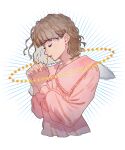  1girl absurdres bangs brown_hair closed_eyes hands_together highres long_sleeves medium_hair okada_(hoooojicha) original pink_shirt profile shadow shirt solo star_(symbol) upper_body 