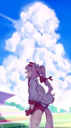  1girl animal_ears bandaid bandaid_on_leg bow buruma clenched_hands closed_eyes clouds crying fingerless_gloves from_side gloves gym_uniform hair_bow hair_intakes haru_urara_(umamusume) headband highres horse_ears horse_girl horse_tail jacket konakona0307 long_hair open_mouth outdoors pink_hair ponytail racetrack red_buruma red_gloves ribbon shirt sky solo sweat tail tears thighs track_jacket umamusume white_jacket white_shirt 