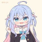 1girl :d ahoge bare_shoulders blue_eyes blush_stickers chibi clenched_hands commentary english_commentary fang frilled_shirt frills indie_virtual_youtuber kagura_nana kukie-nyan long_hair looking_at_viewer nanakagu_karatou_ch open_mouth shirt silver_hair skin_fang smile solo twitter_username two_side_up upper_body virtual_youtuber w_arms white_shirt 