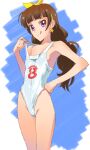  1girl amanogawa_kirara breasts brown_hair covered_navel earrings go!_princess_precure groin hairband highres jewelry long_hair looking_at_viewer nadeara_bukichi plastic_bag_swimsuit precure smile solo star_(symbol) star_earrings swimsuit violet_eyes 