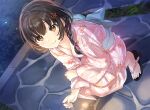  1girl blush braid brown_eyes brown_hair closed_mouth dutch_angle fireworks floral_print grass hair_ornament holding japanese_clothes kimono long_hair looking_at_viewer looking_up night obi original outdoors pink_kimono plant sandals sash smile solo sparkler squatting tan_(tangent) 