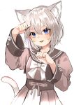  1girl :d absurdres animal_ear_fluff animal_ears blue_eyes bow brown_dress cat_ears cat_girl cat_tail dress fang highres kuroru long_sleeves neckerchief open_mouth original paw_pose sailor_dress short_hair silver_hair sketch smile tail wide_sleeves 