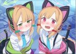  2girls blonde_hair blue_archive blue_neckwear blush bow cat_ear_headphones green_bow green_eyes hair_bow headphones long_sleeves looking_at_viewer midori_(blue_archive) momoi_(blue_archive) multiple_girls necktie open_mouth red_bow red_eyes shamonabe shirt short_hair siblings sisters tail twins white_shirt 