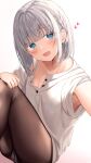  1girl armpits bangs blue_eyes blush bra bra_peek bra_strap braid collarbone eyebrows_visible_through_hair heart highres looking_at_viewer no_pants open_mouth original panties pantyhose pantyshot ramchi selfie sidelocks silver_hair silver_hair-chan_(ramchi) sitting underwear white_panties 