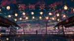  1girl clouds commentary_request dusk evening facing_away highres horizon multicolored multicolored_sky ocean original outdoors railing railroad_tracks redhead reflection scenery shuu_illust sign sky solo standing star_(sky) starry_sky very_wide_shot water 