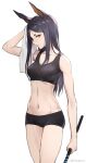  1girl abs animal_ears arknights bangs bare_arms bare_legs bare_shoulders black_hair black_vest breasts dobermann_(arknights) dog_ears dog_girl highres holding holding_towel holding_weapon holding_whip kisetsu long_hair looking_at_viewer red_eyes shorts simple_background solo stomach towel vest weapon whip white_background wiping_sweat 