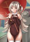  1girl absurdres azur_lane bangs blurry blurry_background blush brown_dress brown_eyes brown_gloves china_dress chinese_clothes closed_mouth commentary_request depth_of_field dress elbow_gloves eyebrows_visible_through_hair gloves grey_hair headpiece highres holding holding_umbrella long_hair looking_at_viewer mole mole_under_eye moyoron oil-paper_umbrella panties red_umbrella sleeveless sleeveless_dress solo thigh-highs two_side_up umbrella underwear very_long_hair white_legwear white_panties z46_(azur_lane) 