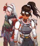  2girls absurdres apex_legends beige_background blush brown_hair crafty_kitsune_rampart dark_skin dark-skinned_female demon&#039;s_whisper_wraith electricity english_commentary floating_hair grey_eyes headband highres holding holding_knife knife kunai looking_to_the_side mask mask_on_head multiple_girls nose_piercing nose_ring official_alternate_costume official_alternate_hairstyle oni_mask parted_lips peter_chai piercing ponytail rampart_(apex_legends) smile tooth_gap weapon white_hair white_headband wraith_(apex_legends) 