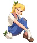  1girl awawawaart blonde_hair blush_stickers brown_footwear closed_eyes dirty dirty_clothes highres super_mario_bros. overalls pink_lips ponytail princess_peach shirt sidelocks smile turnip white_shirt 