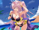  azur_lane beach bikini black_bikini blue_sky breasts choker frilled_bikini frills grenville_(azur_lane) highres large_breasts long_hair navel one_eye_closed outdoors purple_hair red_eyes side_ponytail sky smile swimsuit tonchinkan 