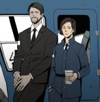  1boy 1girl beard black_hair blazer brown_hair car cheetahman_(1ddghfr78cswc) cup disco_elysium facial_hair ground_vehicle hand_in_pocket highres holding holding_cup jacket jean_vicquemare judit_minot motor_vehicle mustache necktie pants shirt short_hair smile standing 