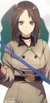  1girl breasts brown_eyes brown_hair choker closed_mouth gloves highres holding holding_whip looking_at_viewer military military_uniform murata_tefu short_hair smile solo the_king_of_fighters uniform whip whip_(kof) 