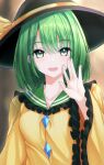  .me 1girl \||/ bangs black_headwear breasts commentary_request duplicate eyebrows_visible_through_hair frilled_sailor_collar frilled_sleeves frills green_eyes green_hair green_sailor_collar hand_up hat hat_ribbon highres komeiji_koishi long_sleeves looking_at_viewer open_mouth pixel-perfect_duplicate ribbon sailor_collar shirt smile solo touhou upper_body upper_teeth yellow_ribbon yellow_shirt 