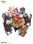  2boys 3girls alcohol arknights bangs beer beer_mug blonde_hair chair chopsticks cup dumpling durin_(arknights) earrings food hat highres horns ice_cream jewelry long_hair mug multiple_boys multiple_girls nian_(arknights) noir_corne_(arknights) official_art pepper pointy_ears ponytail rangers_(arknights) short_hair table vegetable yato_(arknights) 