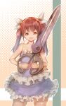  1girl bare_shoulders blue_dress bow brown_eyes brown_hair character_request commentary_request dress hair_bow little_witch_nobeta long_hair open_mouth oversized_object ribbon scissors smile solo strapless strapless_dress twintails usapenpen2019 weapon 
