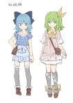  &gt;:) 2girls bag bangs black_bow blue_eyes blue_hair blue_shirt blue_skirt bow brown_dress brown_footwear brown_ribbon cirno closed_mouth daiyousei dress eyebrows_visible_through_hair green_eyes green_hair grey_legwear hair_between_eyes hair_bow hair_ribbon highres kneehighs looking_at_viewer multiple_girls one_side_up ribbon risui_(suzu_rks) shirt shoes short_sleeves shoulder_bag simple_background skirt smile standing thigh-highs touhou translation_request v-shaped_eyebrows white_background 