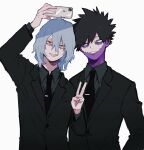  2boys ametaro_(ixxxzu) arm_up black_hair black_jacket black_necktie black_shirt blue_eyes blue_hair boku_no_hero_academia burn_scar cheek_piercing dabi_(boku_no_hero_academia) highres holding holding_phone jacket male_focus medium_hair multiple_boys multiple_scars necktie phone red_eyes scar scar_on_face selfie shigaraki_tomura shirt short_hair simple_background spiky_hair staple stapled v white_background wrinkled_skin 