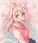  1girl ahoge akamatsu_kaede animal_ears bangs blonde_hair breasts cat_ears cat_girl cat_tail cheer_(cheerkitty14) collared_shirt dangan_ronpa_(series) dangan_ronpa_v3:_killing_harmony eighth_note english_commentary eyebrows_visible_through_hair hair_ornament hairclip highres long_hair long_sleeves looking_at_viewer musical_note musical_note_hair_ornament necktie open_mouth parted_bangs pink_background pleated_skirt school_uniform shirt skirt solo star_(symbol) sweater_vest tail upper_body violet_eyes white_shirt 