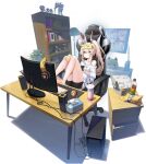  1girl ahoge artist_request ayanami_(azur_lane) azur_lane barefoot chair chips computer drink eyewear_on_head food gaming_chair hair_between_eyes headgear headphones highres indoors keyboard_(computer) long_hair looking_at_viewer manjuu_(azur_lane) mouse_(computer) off_shoulder official_alternate_costume official_art orange_eyes platinum_blonde_hair playing_games ponytail short_shorts shorts sitting transparent_background 